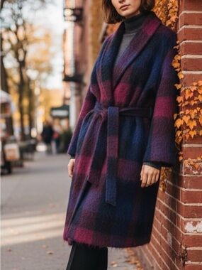Vince Ombre Wool-Blend Belted Trench Coat in Navy & Burgundy